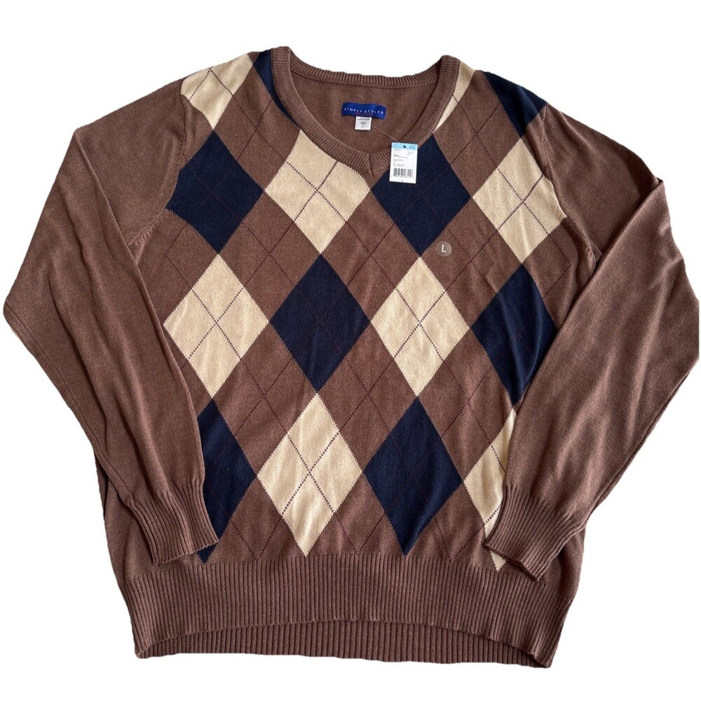 NWT Mens Simply Styled Fine Gauge V Neck Brown/Blue/Tan Argyle Sweater Size L
